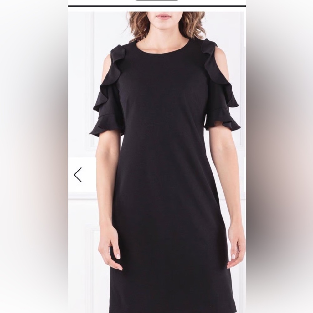 Sz 6 DKNY black cold shoulder jersey cocktail dress gold back logo zipper NWOT🐸